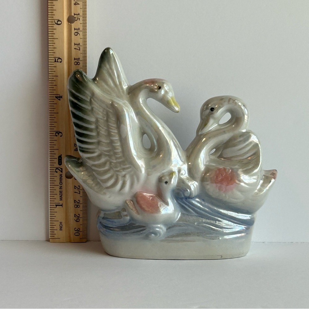 Vintage Iridescent Porcelain Swan Family with China stamp